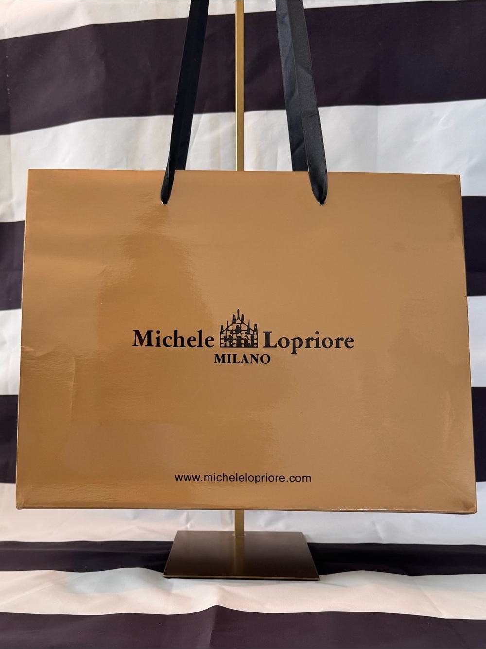 Michele Lopriore Milano Tan Shopping Bag with Black Ribbon Handles